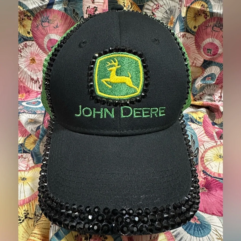 John Deere Black and Green Mesh SnapBack Trucker Hat Cap with Rhinestone Trim